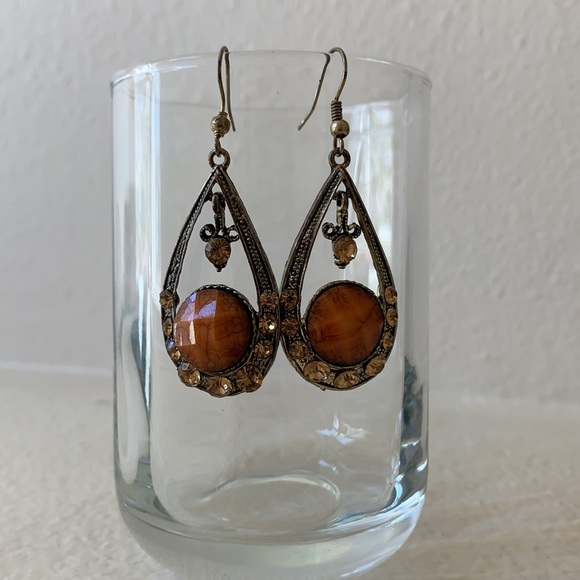 Vintage Metal and Orange Stone and Crystal Drop Earrings - Picture 7 of 11